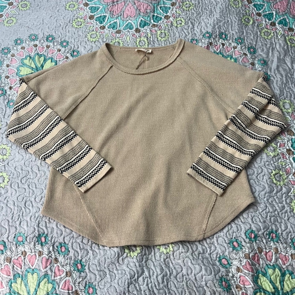 New In Very J Waffle Knit Top Tan Boho Geometric Sleeve Thermal Crew Neck S